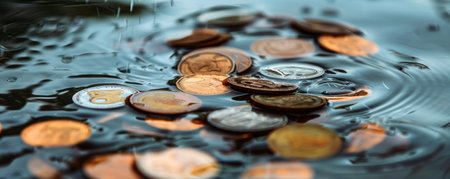 The photo shows a handful of coins sitting in a puddle of water. The water is clear and you can see the reflection of the coins on the surface.の素材