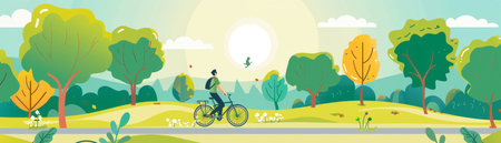 The image shows a man riding a bicycle in a park. The park is full of green trees and flowers. The sun is shining and the birds are singing. The man is wearing a helmet and a backpack. He is smiling and enjoying the ride.の素材