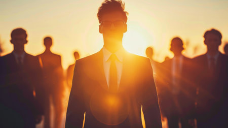 The image shows a group of people in suits and one person standing out in front of them. The sun is setting behind them.の素材