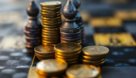 The image shows a chessboard with coins stacked on top of some of the chess pieces. The coins are arranged in stacks of varying heights, with the tallest stack being four coins high. The chess pieces are arranged in a way that suggests that they are in the middle of a game.の素材