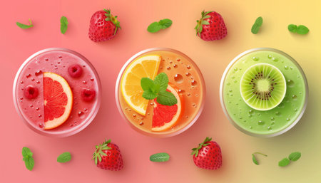 Three glasses of fresh fruit smoothies. The flavors are strawberry, orange, and kiwi. The smoothies are made with all-natural ingredients and are a great way to get your daily dose of fruits and vegetables.の素材