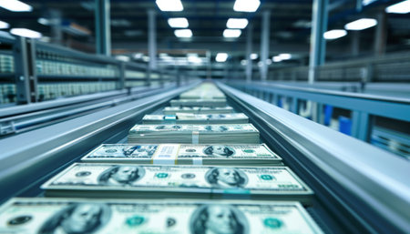 The image shows a production line of money.の素材