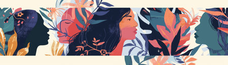 The image shows three black women with colorful floral backgrounds.の素材