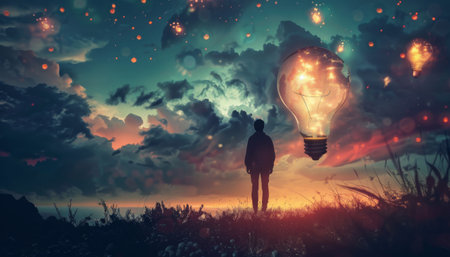 The photo shows a person standing in a field of wheat. The person is looking up at the night sky, which is filled with stars, the light of the stars is in the shape of a hot air balloon. The photo is very peaceful and serene.の素材