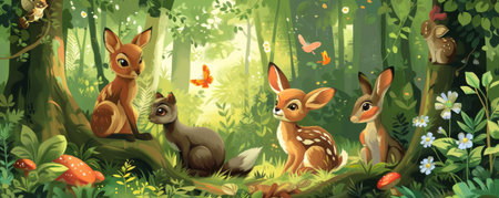 Three young deer and a squirrel enjoying the lush greenery of a forest.の素材