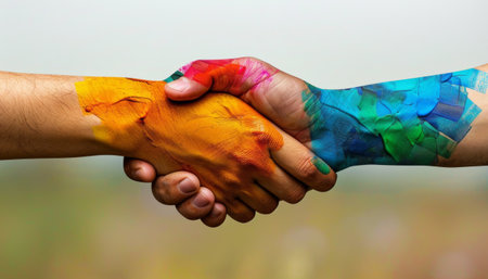 Two hands painted in different colors making handshake on white background.の素材