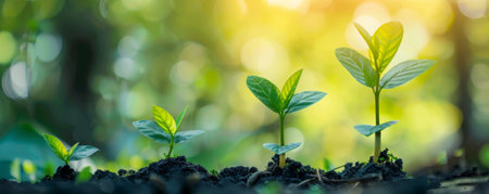 Tiny plants reach for the sun, growing towards the light in rich soil.の素材