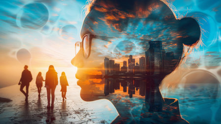 The photo shows a person with glasses with a double exposure effect. The person is looking to the right of the frame, and there is a cityscape superimposed on the right side of their face. The colors in the photo are blue, orange, and yellow.の素材