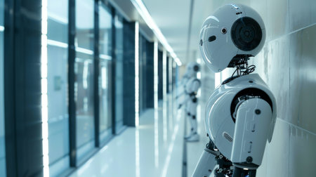 Two humanoid robots stand in a futuristic hallway, their white bodies reflecting the bright lights. They appear to be observing something beyond the frame.の素材