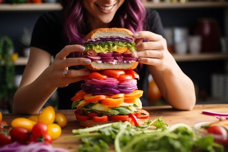 This is a photo of a person eating a large veggie burger. The burger is made with a variety of fresh vegetables, including tomatoes, onions, peppers, and lettuce. The person is holding the burger in their hands and smiling. They are wearing a casual outfit and have purple hair. The background is a kitchen counter with a variety of vegetables on it.の素材