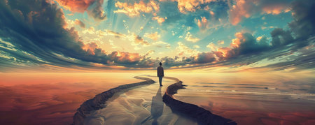 The photo shows a man standing on a pier, looking out at the ocean. The sky is a vibrant orange and pink, and the water is calm and still. The photo is peaceful and serene, and it evokes a sense of wonder and awe.の素材