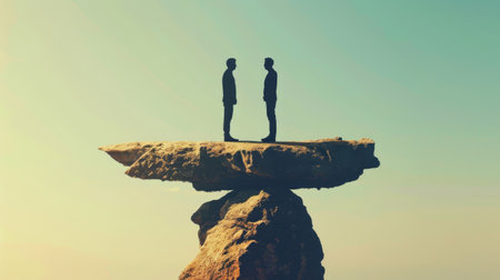 Two men standing on a rock in the middle of the sky.の素材