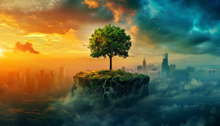 The image shows a tree growing on a floating island in the sky. The sky is a vibrant orange and yellow, and the island is lush and green. The tree is tall and strong, and its branches are full of leaves. The image is peaceful and serene, and it evokes a sense of wonder and awe.の素材