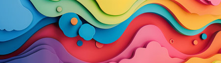The image is a colorful abstract background with a wavy pattern. The colors are bright and saturated, and the waves are smooth and flowing. The image has a modern and contemporary feel, and it would be well-suited for use in a variety of applications, such as website backgrounds, posters, and flyers.の素材