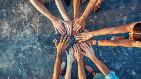 People of different races and ethnicities joining their hands together to show unity and teamwork.の素材