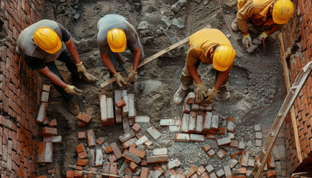 Construction workers in yellow hard hats laying bricks on a building site.の素材