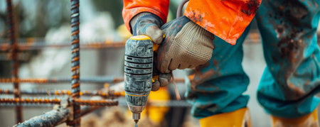 Construction worker using a power tool on a rebar structure.の素材