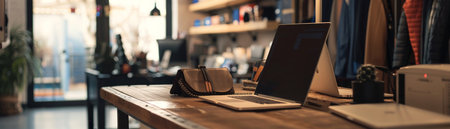 Wooden countertop with laptop, a basket, and a window view.の素材