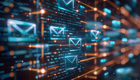 Abstract blue background with binary code and email symbols. 3D Renderingの素材