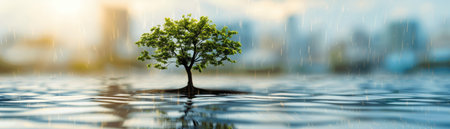 Tree in the rain. Nature background. Panoramic image.の素材
