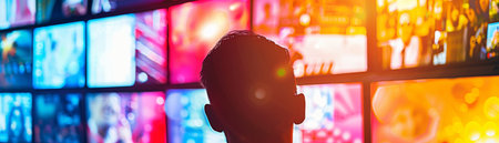 Silhouette of a man in front of the TV screen. The concept of entertainment.の素材