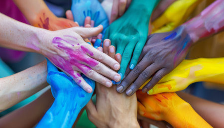Close-up of hands of people with colorful paint on their palmsの素材