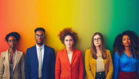 Multiethnic Group of Business People Studio Portrait Over Rainbow Backgroundの素材