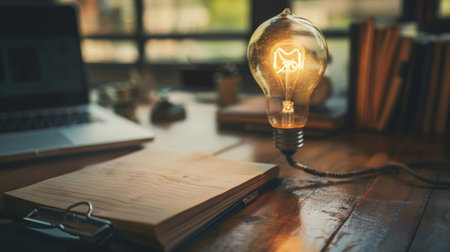 Light bulb on a desk with a notebook and a laptop in the backgroundの素材