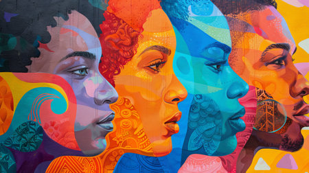 Art collage. Portrait of beautiful young woman with abstract colorful painting on the wall. Contemporary art.の素材