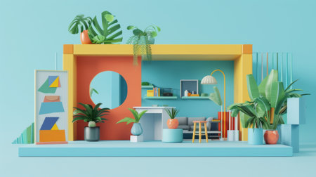 Interior of living room with furniture and plants. 3D renderingの素材