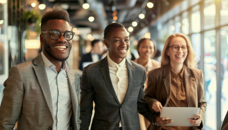 Happy african american businessman in eyeglasses looking at camera and smiling while standing with colleagues in officeの素材