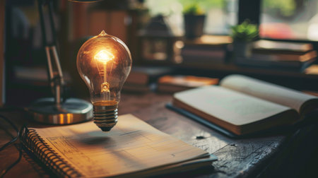 light bulb on book and lamp on wooden table in coffee shop vintage styleの素材