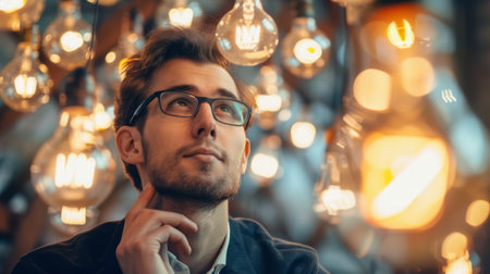 Portrait of a handsome young man in eyeglasses looking away while standing in cafeの素材