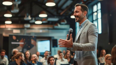 Speaker Giving a Talk at Business Conference. Audience at the conference hall. Business and Entrepreneurship.の素材