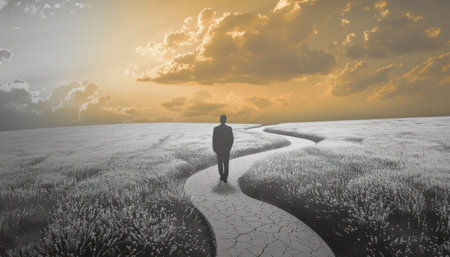 Man walking on the path leading to the horizon. 3d renderの素材