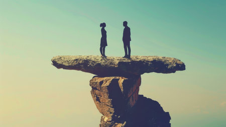 A man and a woman standing on a rock in the middle of the ocean. The rock is very small and the waves are crashing against it. The manの素材