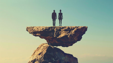 A man and a woman standing on a rock in the middle of the ocean. The rock is balanced on a smaller rock, and the ocean is calm and still. The sky is a clear blue, and the sun is shining. The man and the woman are both looking out at the ocean. The image is peaceful and serene, and it evokes a sense of balance and harmony.の素材