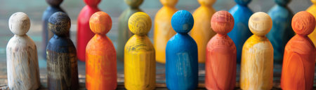 A group of colorful wooden peg dolls of different heights arranged in a row on a wooden table.の素材