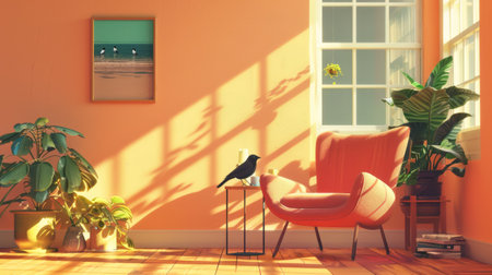 A beautiful sunlit room with a comfortable orange armchair, perfect for relaxing and enjoying a cup of coffee or reading a book.の素材