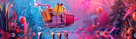 A shopping cart filled with colorful items floats in a vibrant, abstract dreamlike landscape.の素材