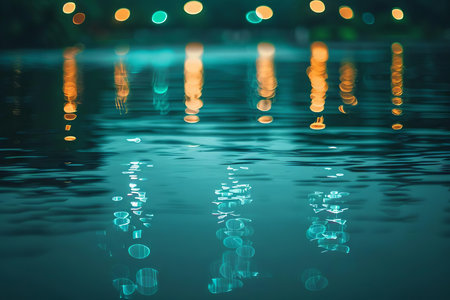 Soft teal bokeh circles, like shimmering reflections on calm water at twilightの素材