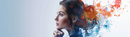 Portrait of beautiful young woman with creative hairstyle. Mixed mediaの素材