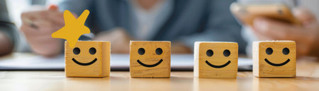 Wooden blocks with smiley faces on table in office closeupの素材