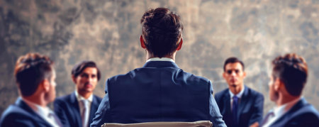 Group of business people sitting and discussing at meeting, rear view.の素材