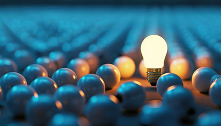 Light bulb on a crowd of light bulbs. 3D illustration.の素材