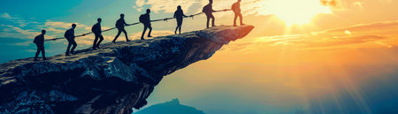 Conceptual business people on rope bridge over precipice over sunset sky background bannerの素材