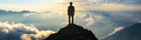 Silhouette of a man standing on top of a mountain and looking over the cloudsの素材