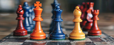 Chess pieces on a chessboard, close-up, selective focusの素材