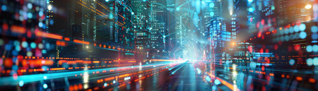 Digital data flow on the road in the city. Concept of digital transformation. 3d renderingの素材