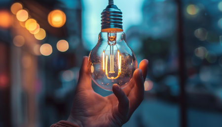 Hand holding a lightbulb with bokeh background, idea conceptの素材